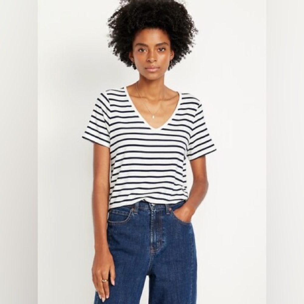 Banana Republic Malibu V-Neck Striped Tee White Navy Cotton Blend XS